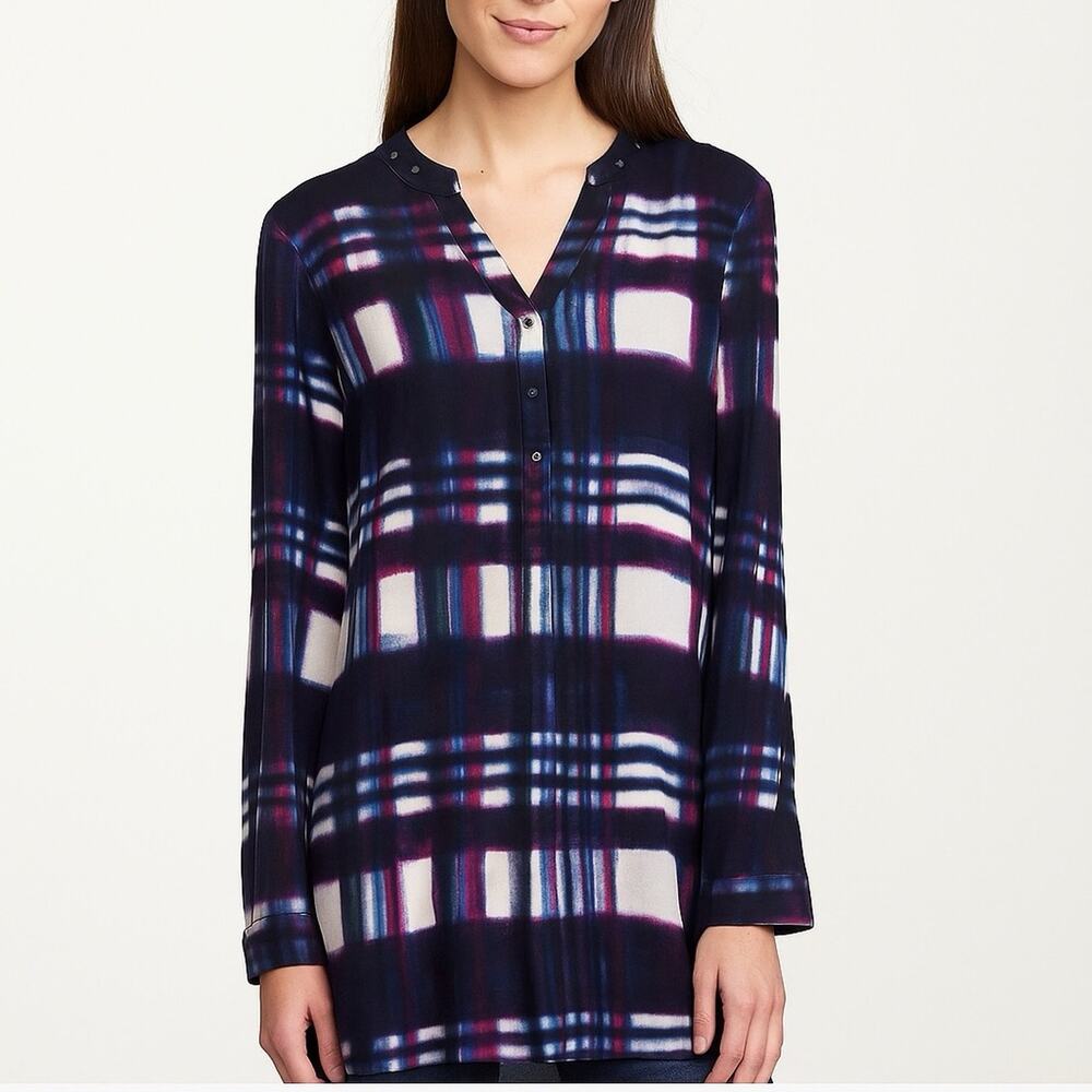 Nine West Abstract Plaid Tunic Top | Long Sleeve V-Neck with Stud Detail | Sz M